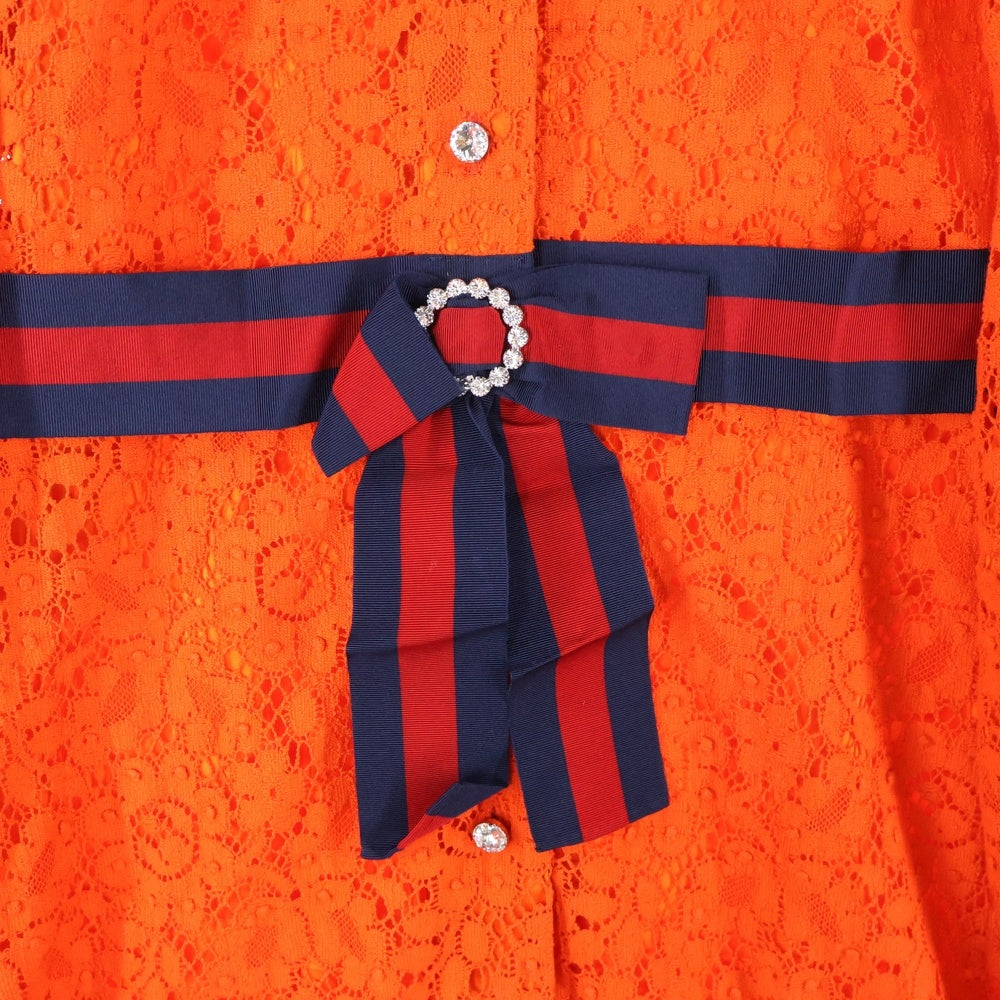 GUCCI(グッチ) シェリーリボン クリスタルボタン レース刺繍 ワンピース オレンジ レディース 475846 ZHT25