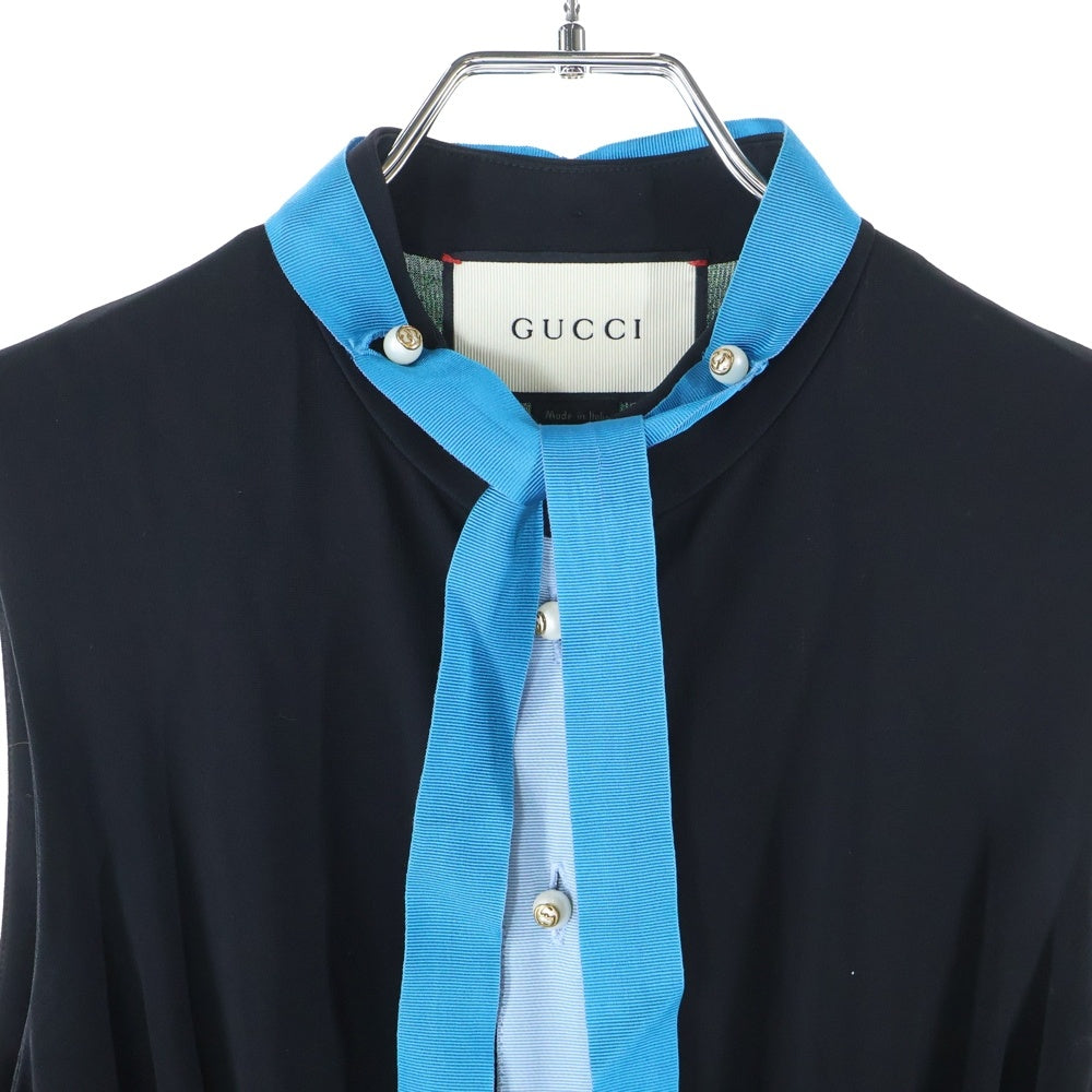 GUCCI(グッチ) インターロッキングG パールボタン リボンタイ ギャザー ワンピース ブラック レディース 410274 X7350