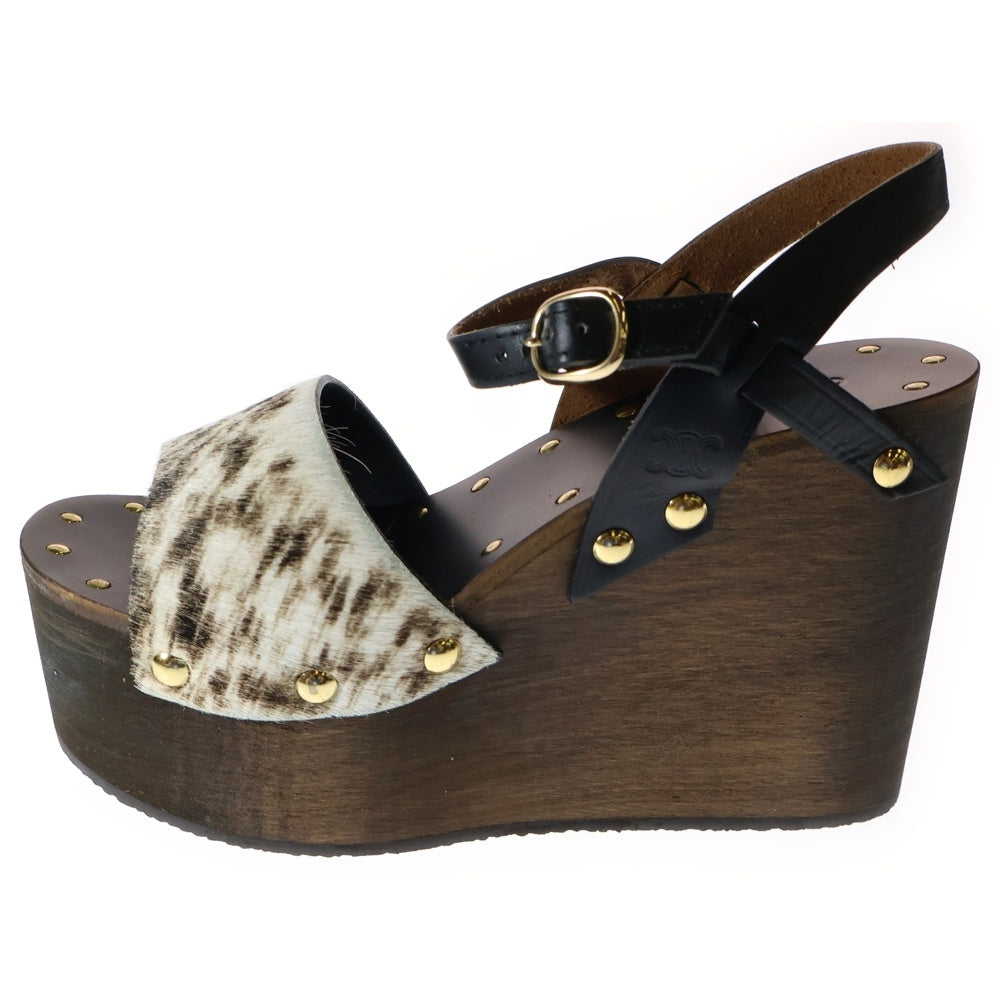 CELINE(セリーヌ) Les Bois Leather Wedge Sandal ハラコウェッジソールサンダル ブラック/ホワイト BF1119