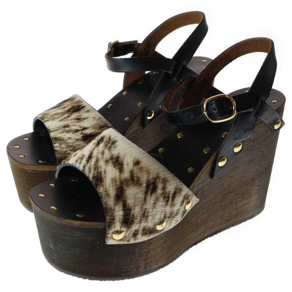 CELINE(セリーヌ) Les Bois Leather Wedge Sandal ハラコウェッジソールサンダル ブラック/ホワイト BF1119