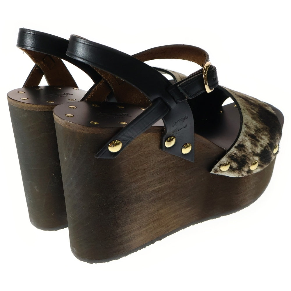 CELINE(セリーヌ) Les Bois Leather Wedge Sandal ハラコウェッジソールサンダル ブラック/ホワイト BF1119