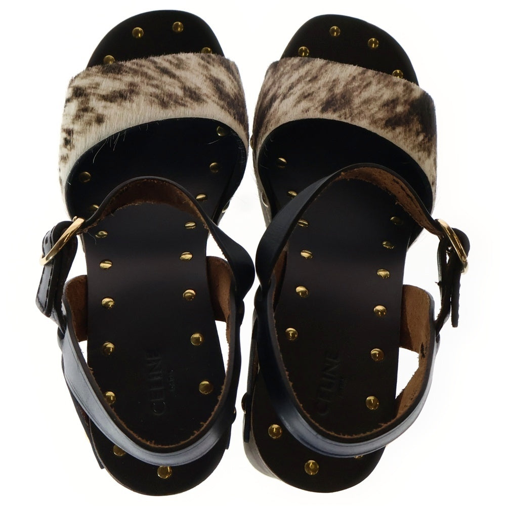 CELINE(セリーヌ) Les Bois Leather Wedge Sandal ハラコウェッジソールサンダル ブラック/ホワイト BF1119