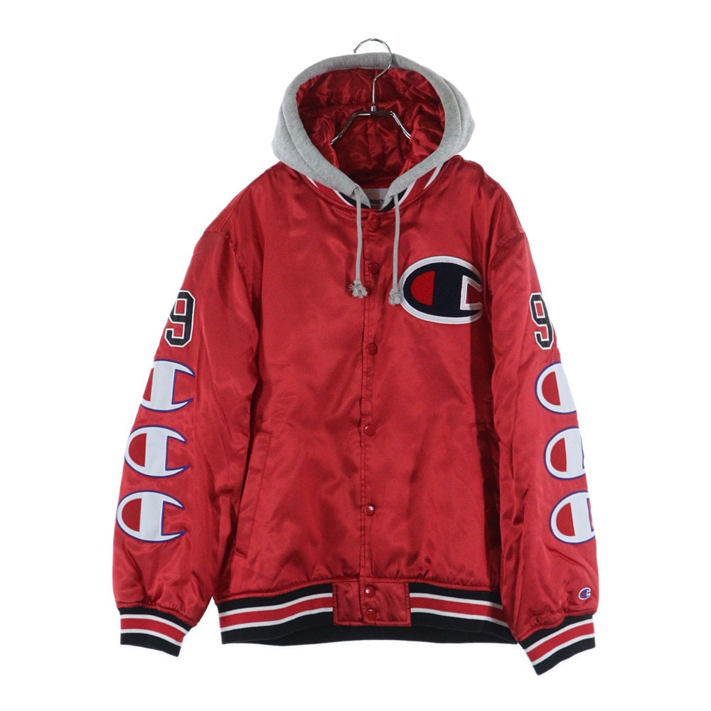 SUPREME(シュプリーム) 18AW ×Champion Hooded Satin Varsity Jacket ×チャンピオン フーデッド サテン バーシティジャケット フード付きジャケット レッド