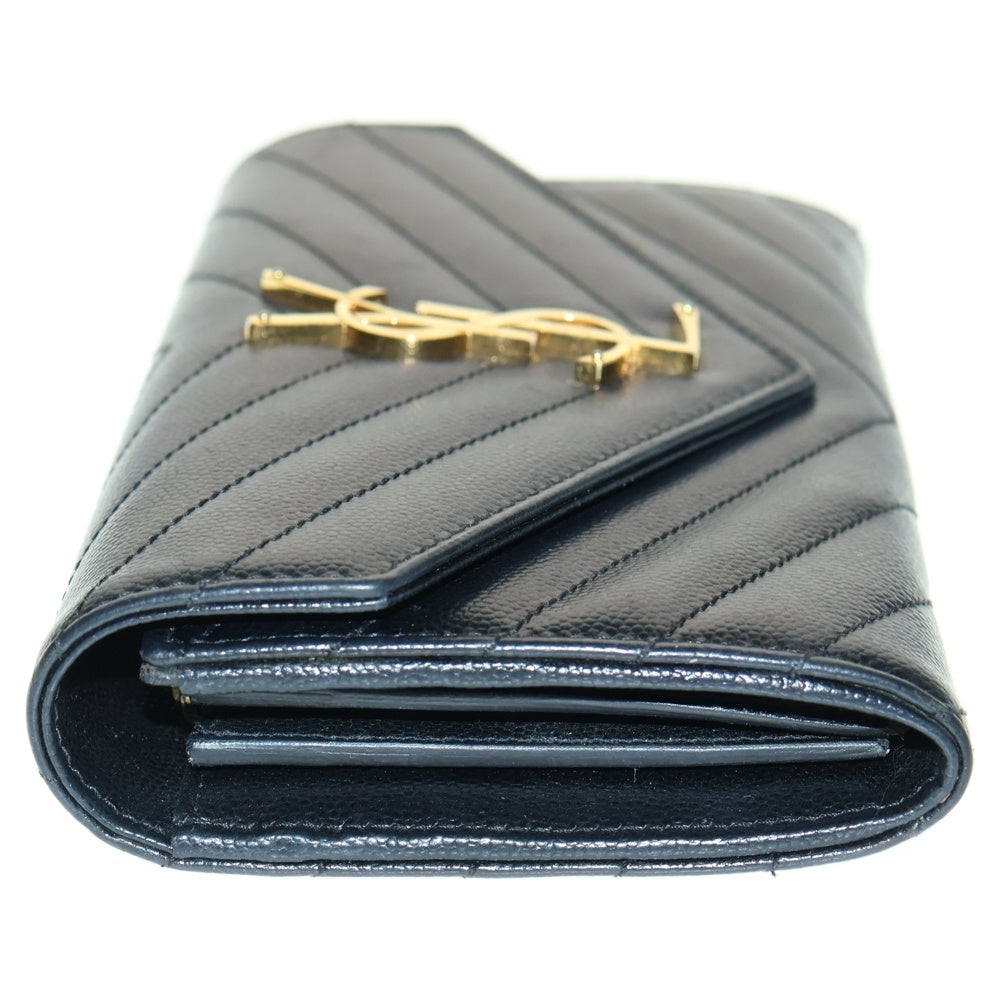 SAINT LAURENT PARIS(サンローランパリ) カサンドラ Vステッチ ラージフラップ レザーロングウォレット 長財布 GUE372264 ブラック