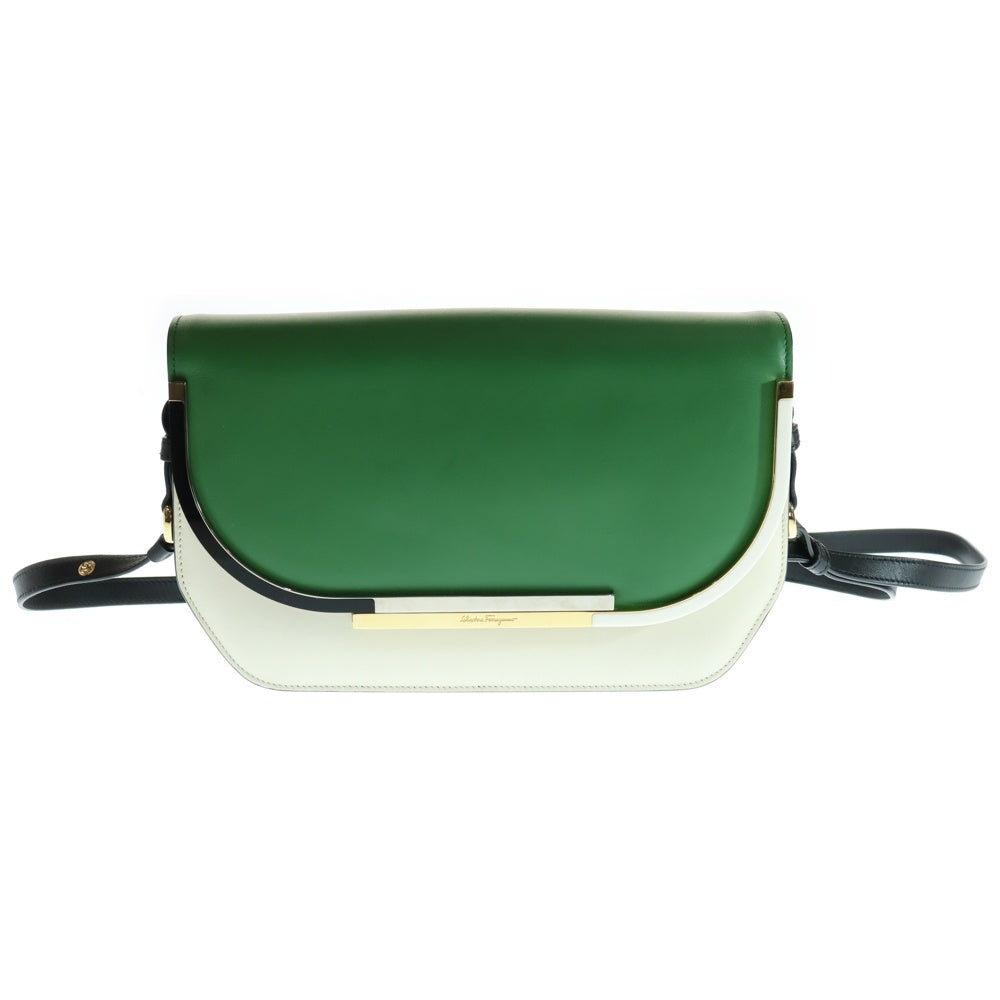 Salvatore Ferragamo(サルヴァトーレ フェラガモ) レザー ショルダーバッグ レディース グリーン/ホワイト DY-21 F659