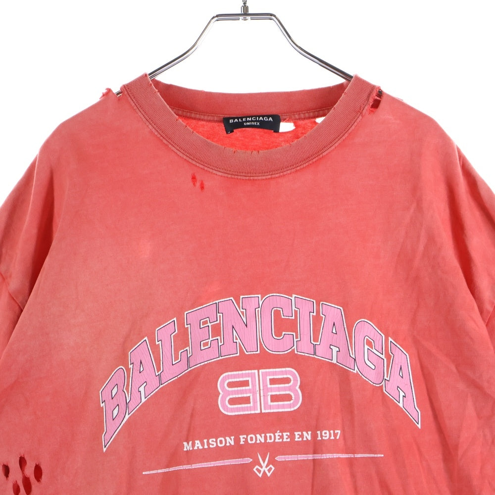 BALENCIAGA(バレンシアガ) 22SS デストロイ加工 ロゴプリント 半袖Tシャツ カットソー レッド 612966 TLVJ1