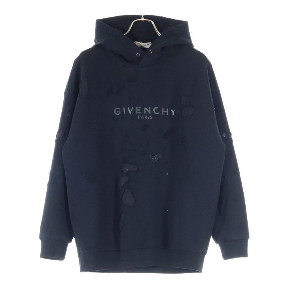 GIVENCHY(ジバンシィ) Tonal Logo Destroyed Hoody BMJ04P3Y42 ロゴプリント デストロイ加工 プルオーバーパーカー フーディ ブラック