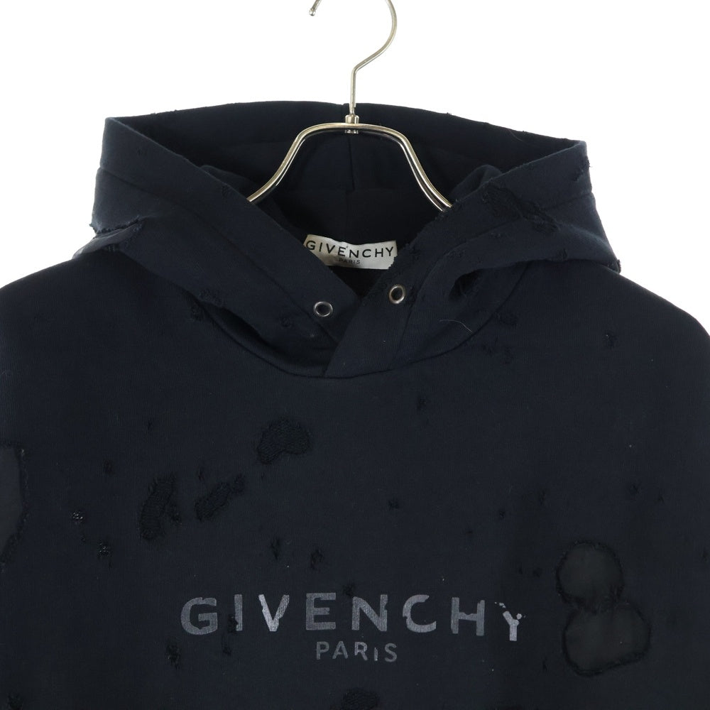 GIVENCHY(ジバンシィ) Tonal Logo Destroyed Hoody BMJ04P3Y42 ロゴプリント デストロイ加工 プルオーバーパーカー フーディ ブラック