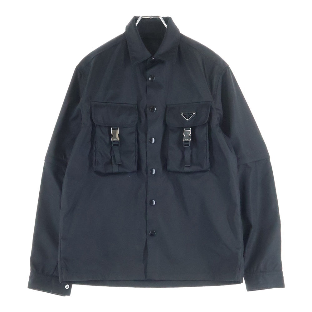 PRADA(プラダ) 21AW Re-Nylon Double Pocket Shirt SC548 S212 1WQ8 リナイロン ダブルポケットシャツ 半袖切り替え長袖シャツ ブラック
