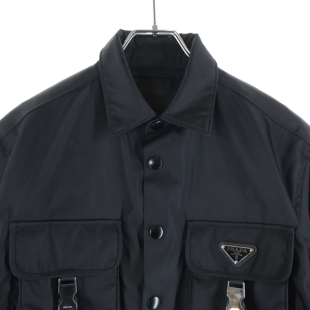 PRADA(プラダ) 21AW Re-Nylon Double Pocket Shirt SC548 S212 1WQ8 リナイロン ダブルポケットシャツ 半袖切り替え長袖シャツ ブラック
