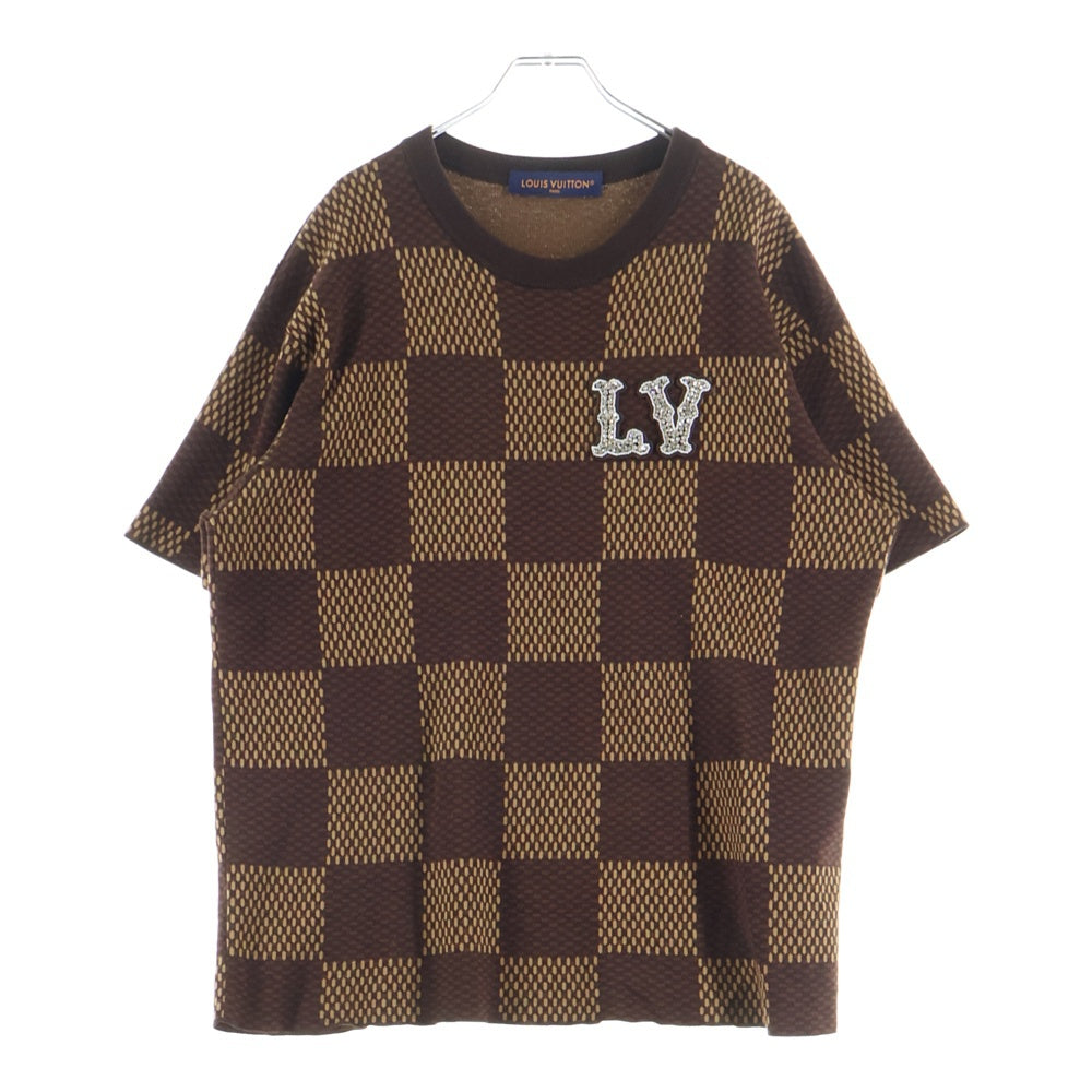 LOUIS VUITTON(ルイヴィトン) 24SS ショートスリーブコットンダミエクルーネックウィズストラスLVパッチ 半袖カットソー RM241 AUR HQN63W ブラウン