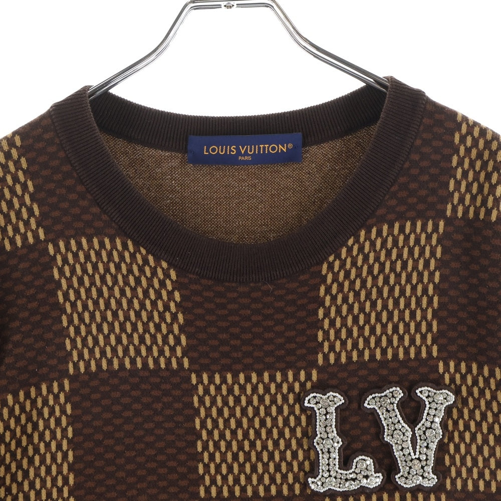 LOUIS VUITTON(ルイヴィトン) 24SS ショートスリーブコットンダミエクルーネックウィズストラスLVパッチ 半袖カットソー RM241 AUR HQN63W ブラウン