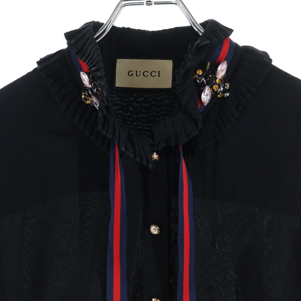 GUCCI(グッチ) ウェブボウリボン ブローチ付き フリルブラウス ブラック レディース