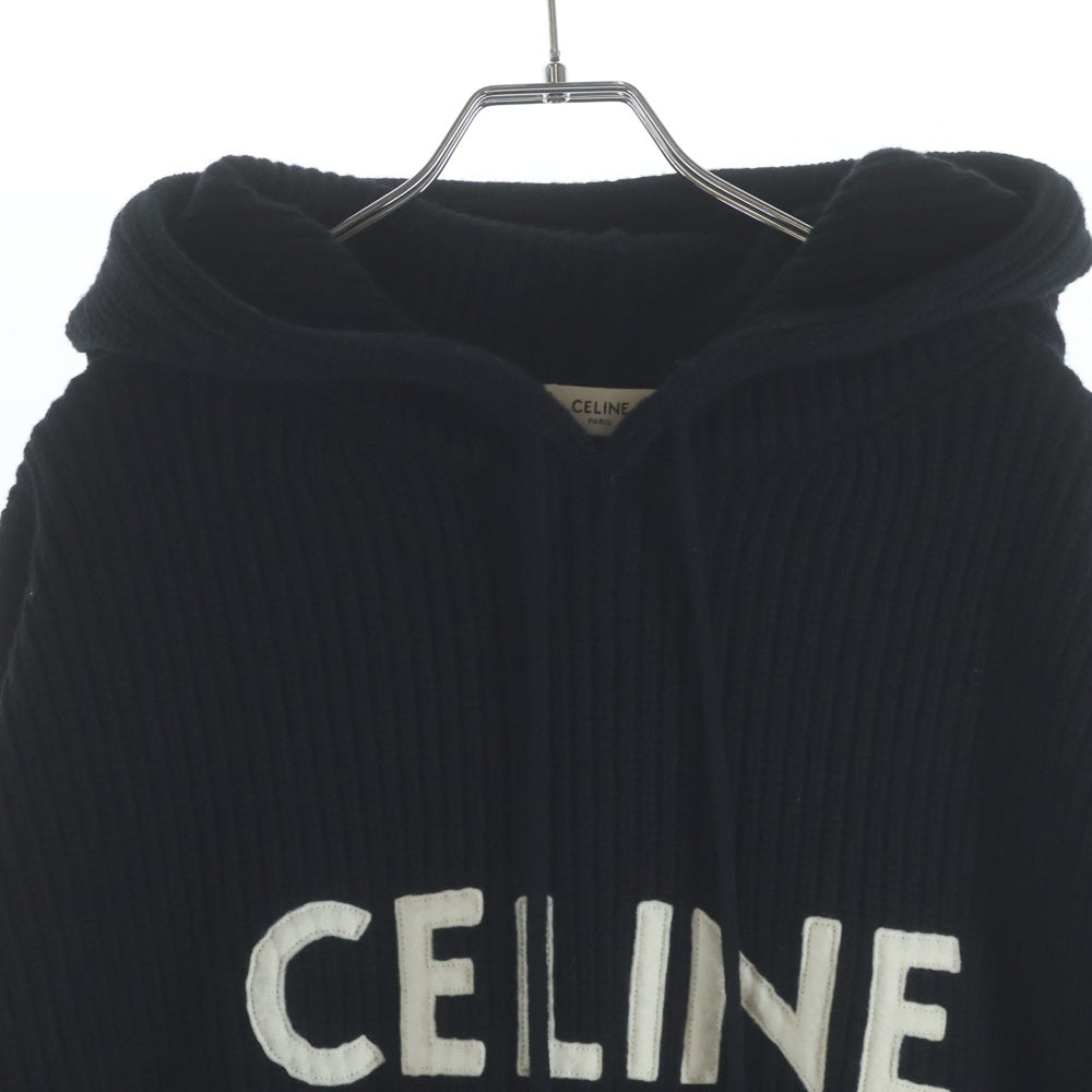CELINE(セリーヌ) フロントロゴ リブ編み ウール プルオーバー ニットパーカー ブラック