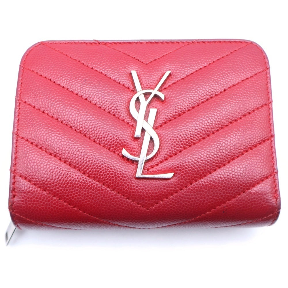 SAINT LAURENT PARIS(サンローランパリ) YSLロゴ Vステッチ二つ折り財布 レッド レディース