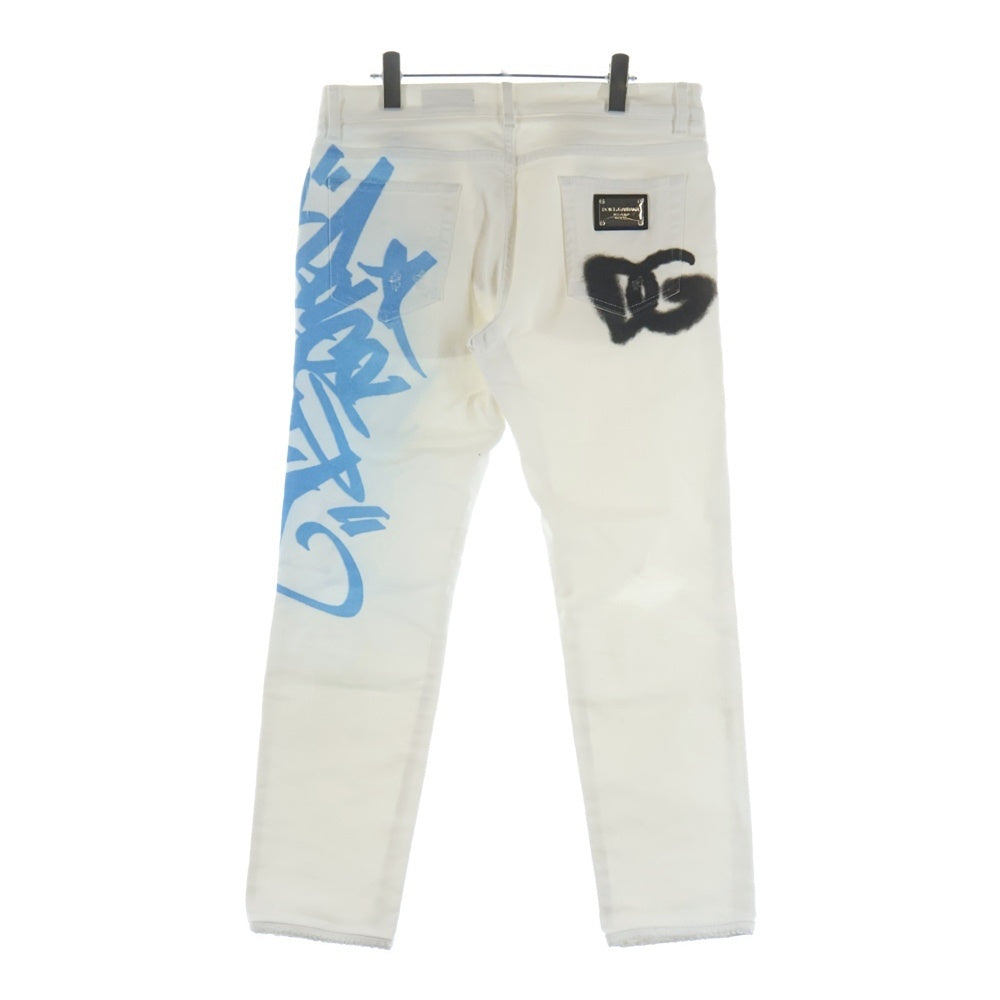 DOLCE & GABBANA(ドルチェアンドガッバーナ) Tattered Graffiti Skinny Denim Jeans GY07LD/G8GV9 グラフィックプリント ダメージスキニージーンズ デニムパンツ ホワイト