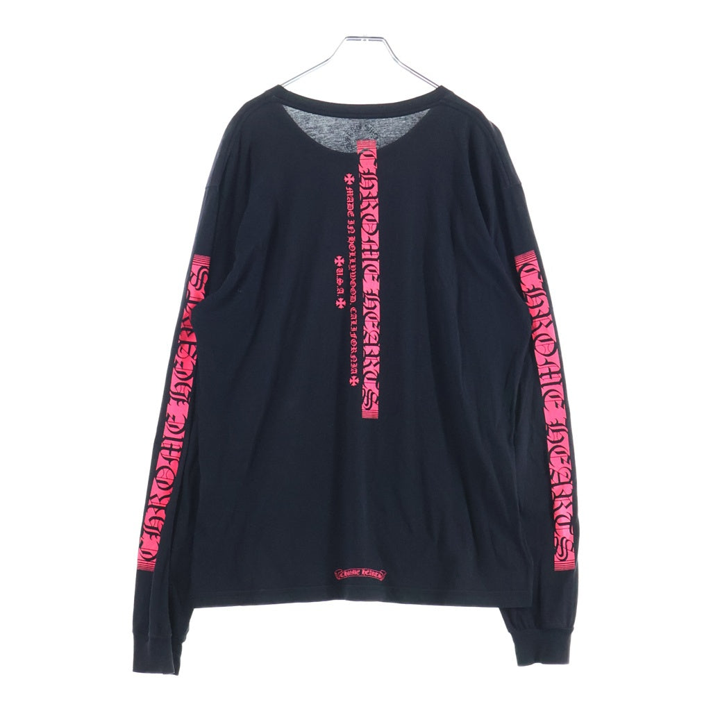 CHROME HEARTS(クロムハーツ) Neon Pink Stripe Logo ストライプロゴ プリント 長袖Tシャツ カットソー ブラック/ピンク