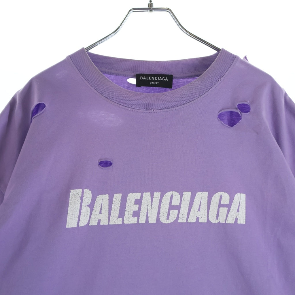 BALENCIAGA(バレンシアガ) 21SS デストロイ加工 ロゴプリント 半袖Tシャツ カットソー 651795 パープル