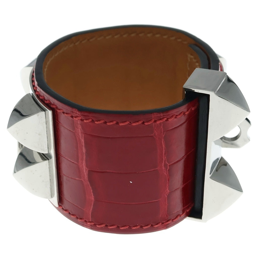 HERMES(エルメス) コリエドシアン アリゲーター レザー スタッズ バングル ブレスレット シルバー金具 M刻印 レッド