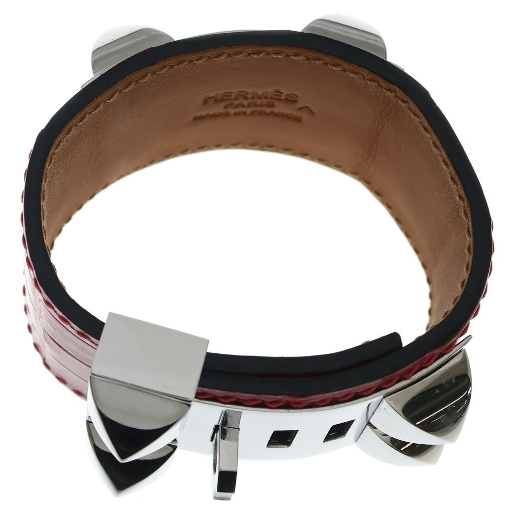 HERMES(エルメス) コリエドシアン アリゲーター レザー スタッズ バングル ブレスレット シルバー金具 M刻印 レッド