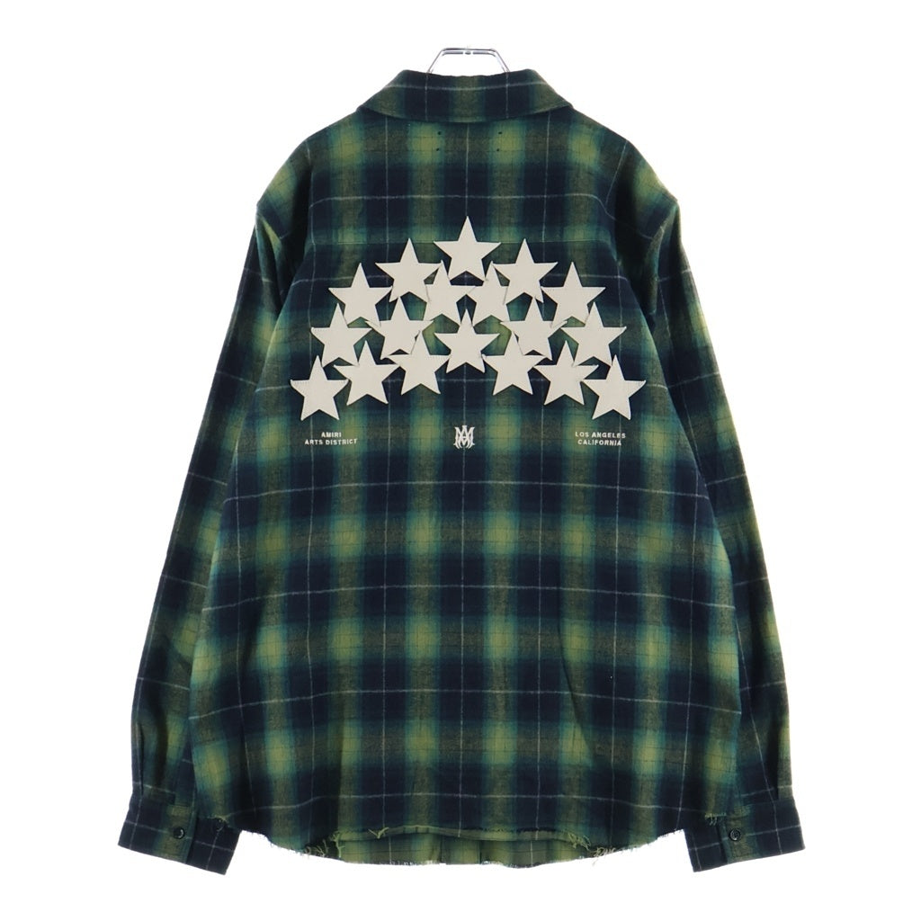 AMIRI(アミリ) LEATHER STAR PATCH PLAID FLANNEL SHIRT レザースターパッチプレイドフランネルシャツ チェック長袖シャツ グリーン