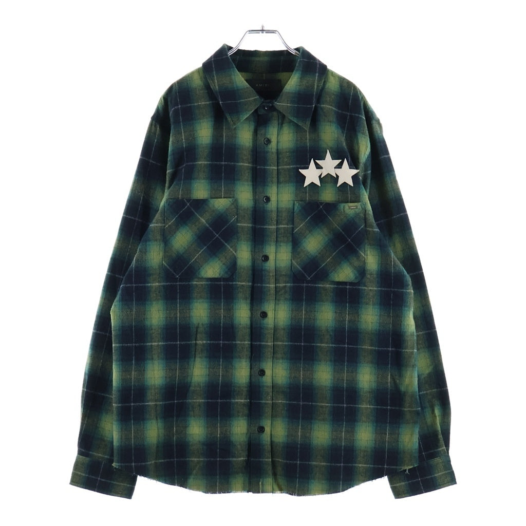 AMIRI(アミリ) LEATHER STAR PATCH PLAID FLANNEL SHIRT レザースターパッチプレイドフランネルシャツ チェック長袖シャツ グリーン