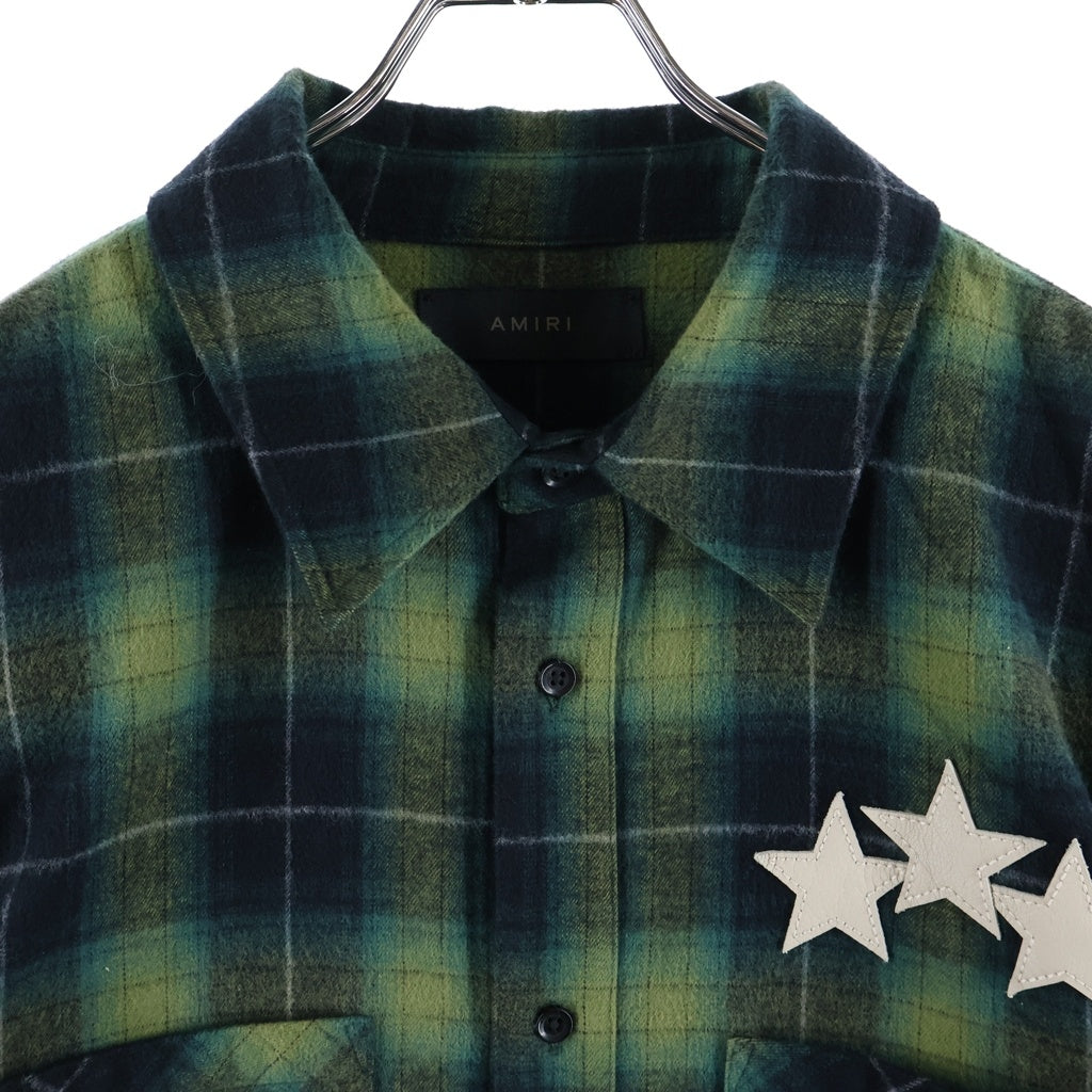 AMIRI(アミリ) LEATHER STAR PATCH PLAID FLANNEL SHIRT レザースターパッチプレイドフランネルシャツ チェック長袖シャツ グリーン