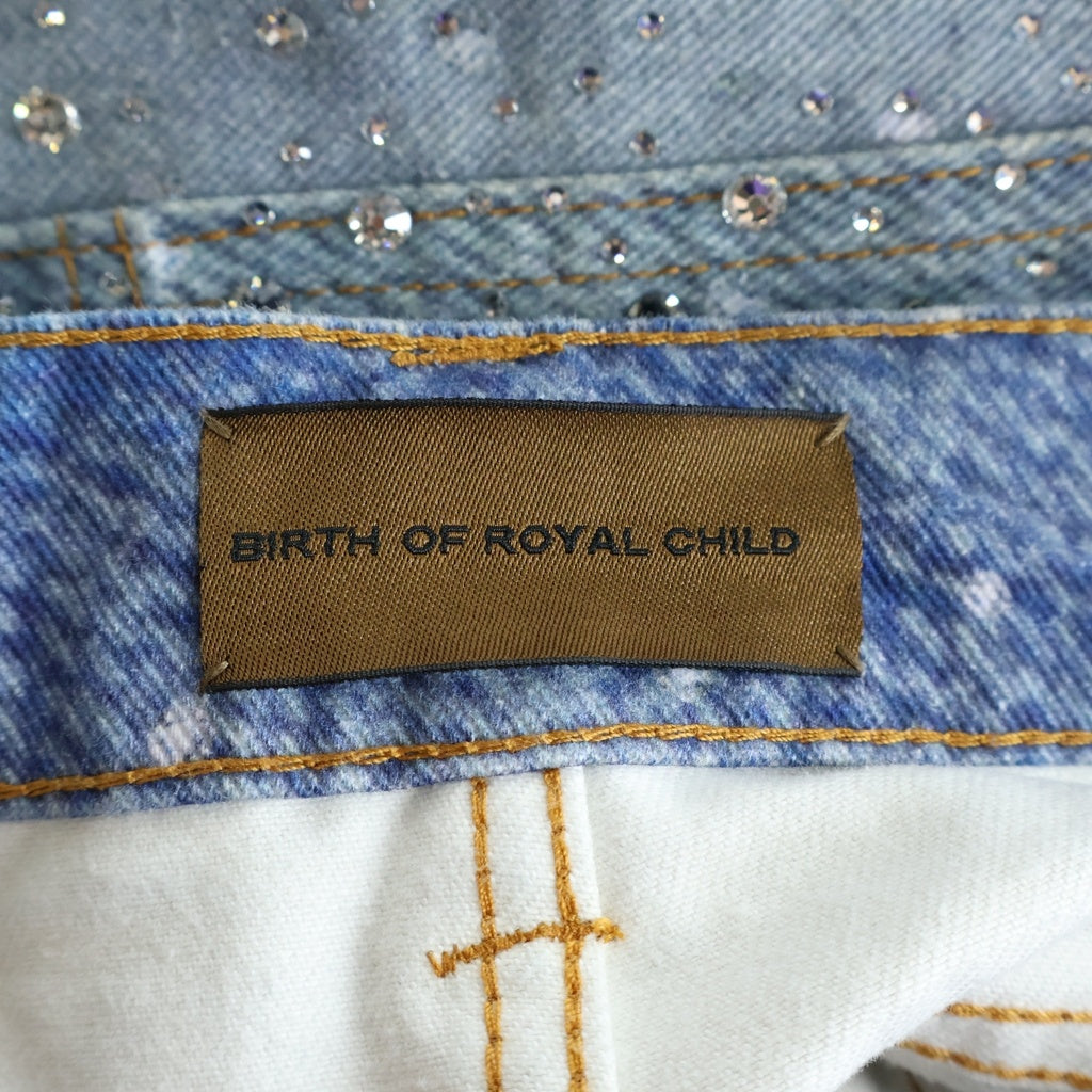 BIRTH OF ROYAL CHILD(バースオブロイヤルチャイルド) 3D Printing Washed 20k Swarovski Diamond Boro Denim ダメージ加工 ラインストーン装飾 デニムパンツ インディゴ