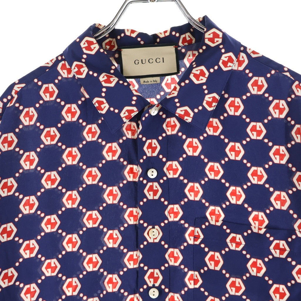 GUCCI(グッチ) GGヘキサゴン シルク総柄半袖シャツ 654887 ネイビー