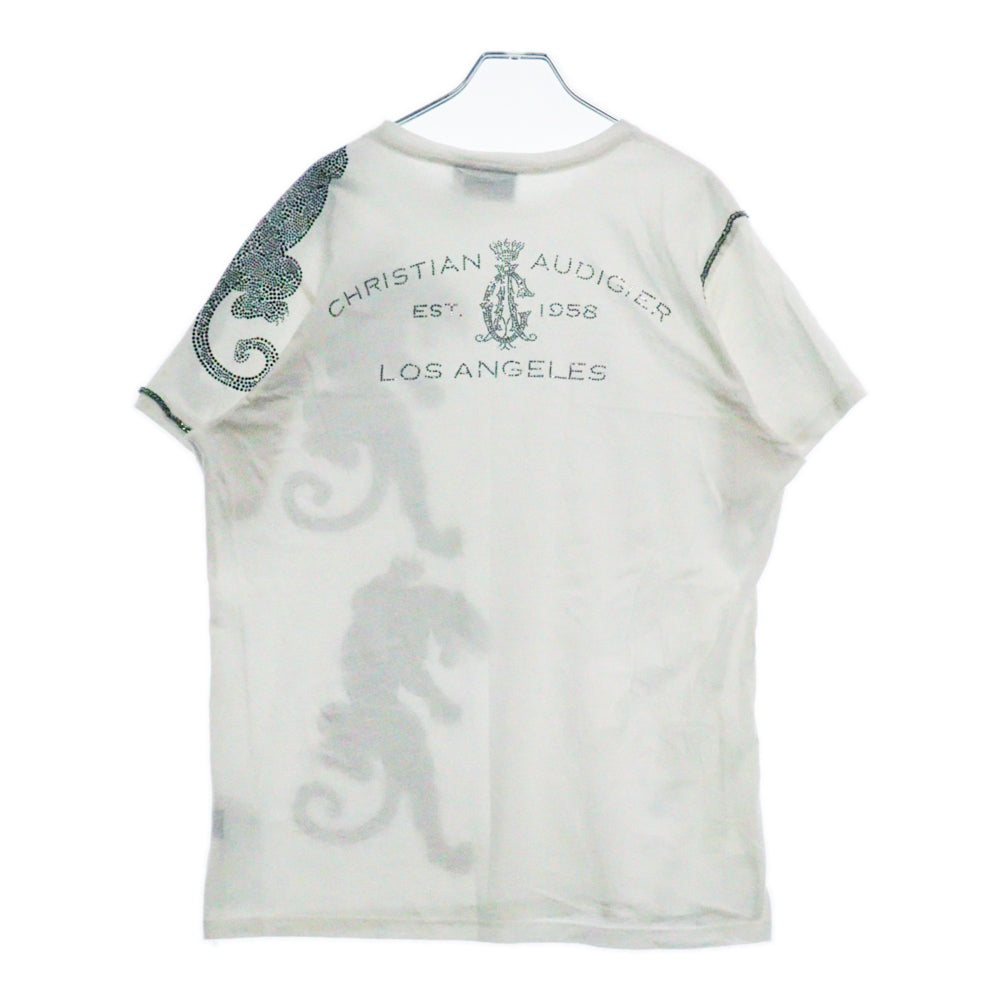 CHRISTIAN AUDIGIER(クリスチャンオードジェー) チェーン装飾パンサーラインストーン半袖Tシャツ ホワイト