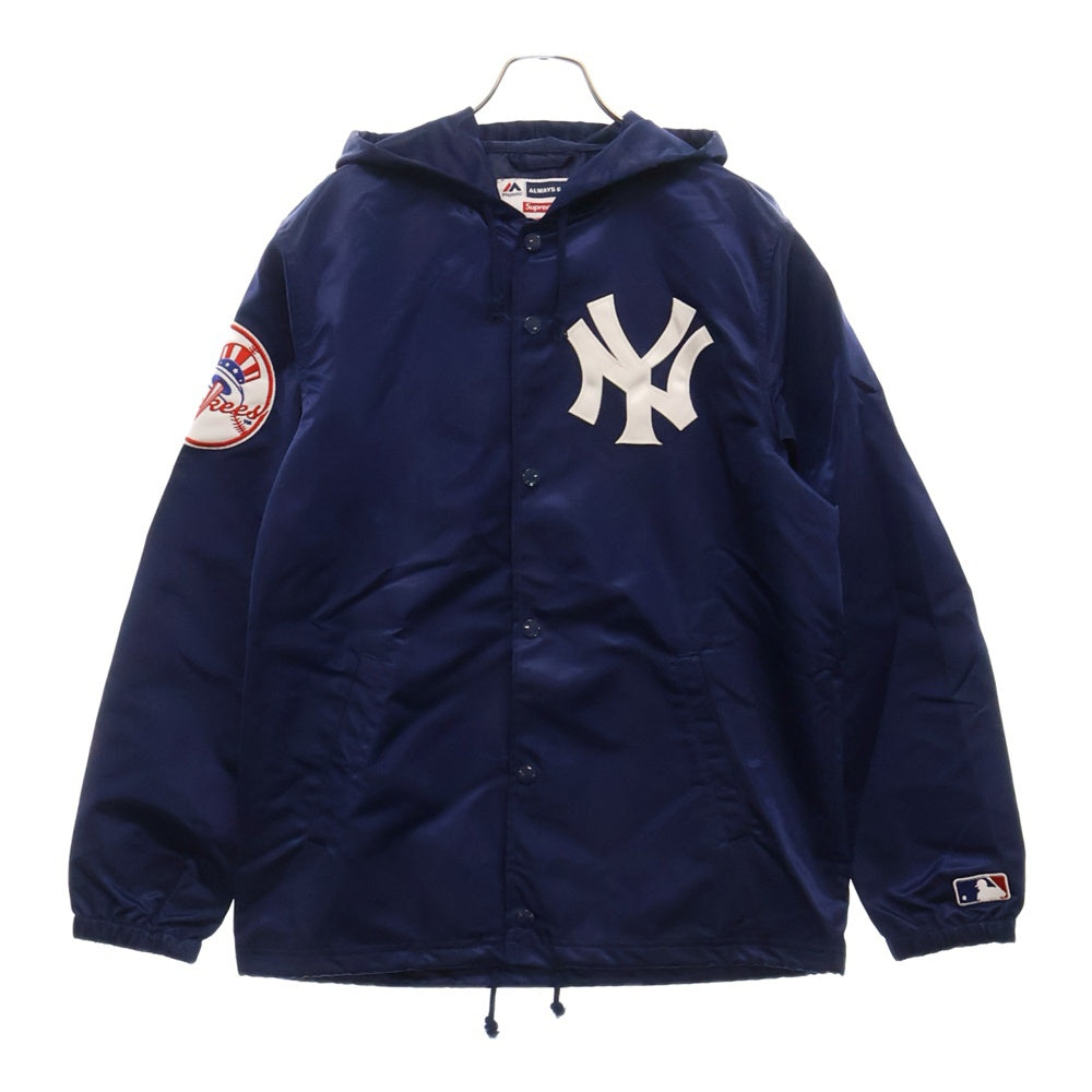SUPREME(シュプリーム) 15SS×MAJESTIC NY Yankees satin Hooded Coaches ヤンキース サテンフーディジャケット ブルー