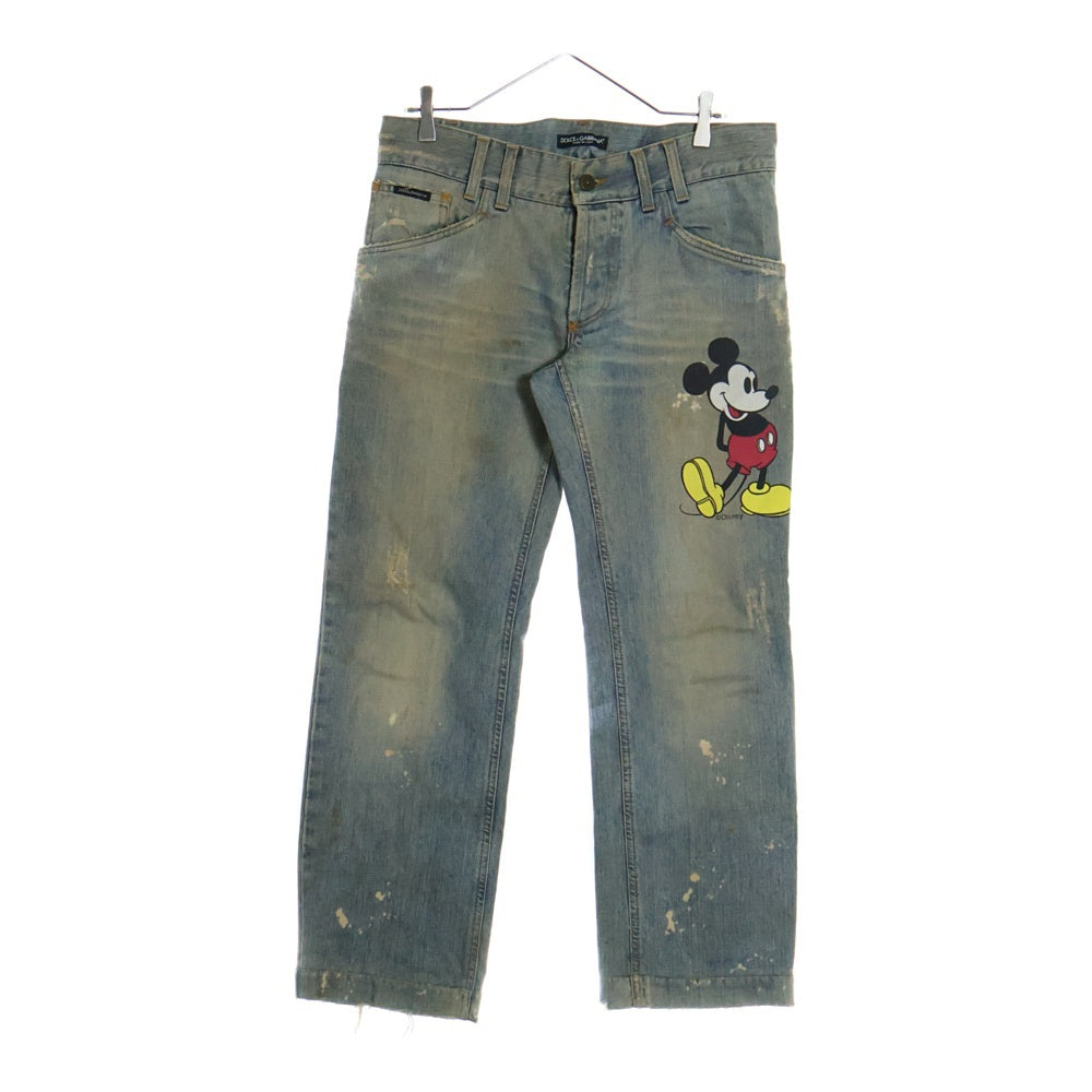 DOLCE & GABBANA(ドルチェアンドガッバーナ) ×Disney Mickey Mouse ディズニー ミッキーマウスプリント ダメージ加工デニムパンツ インディゴブルー