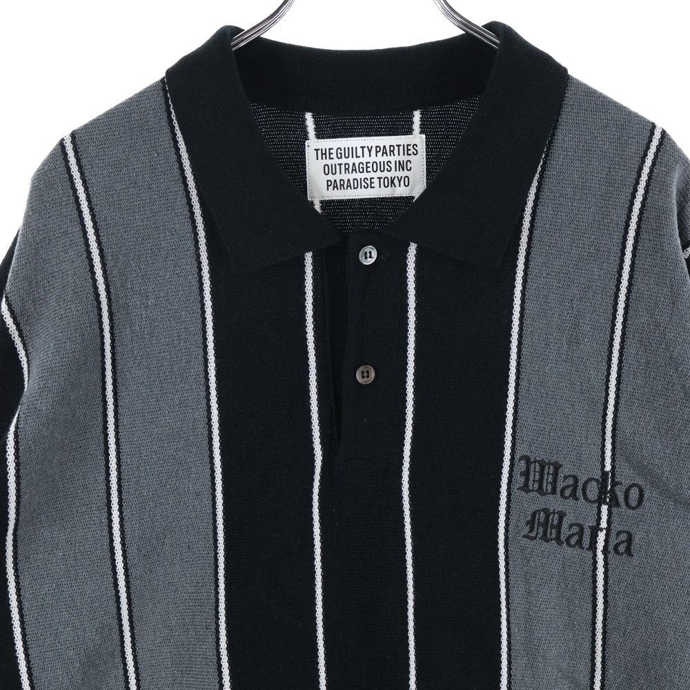 WACKO MARIA(ワコマリア) 23SS STRIPED KNIT JACQUARD POLO SHIRT ストライプ ロゴ刺繍 半袖ポロシャツ グレー/ブラック