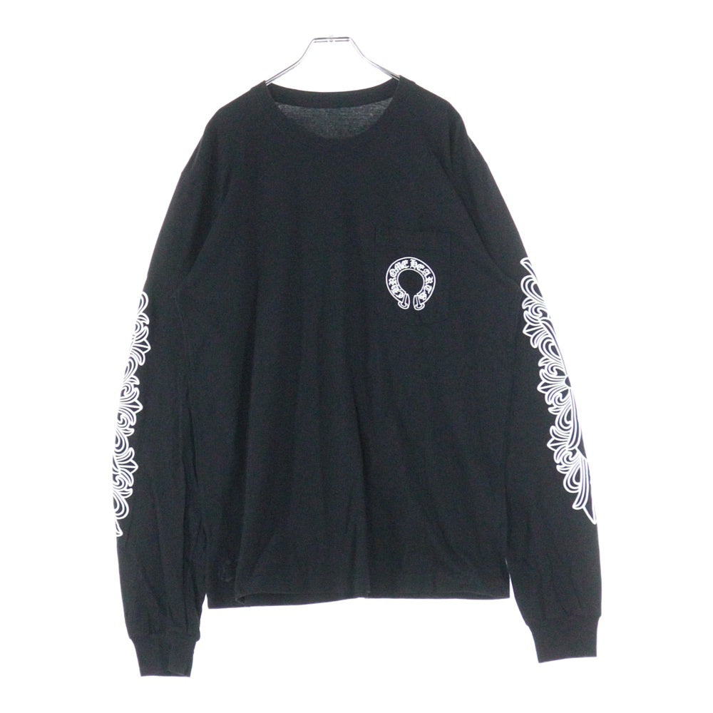 CHROME HEARTS(クロムハーツ) FLRL CRS HORSESHOE L/S バックホースシュー 袖フローラル ロングスリーブカットソー 長袖Tシャツ ロンT ブラック