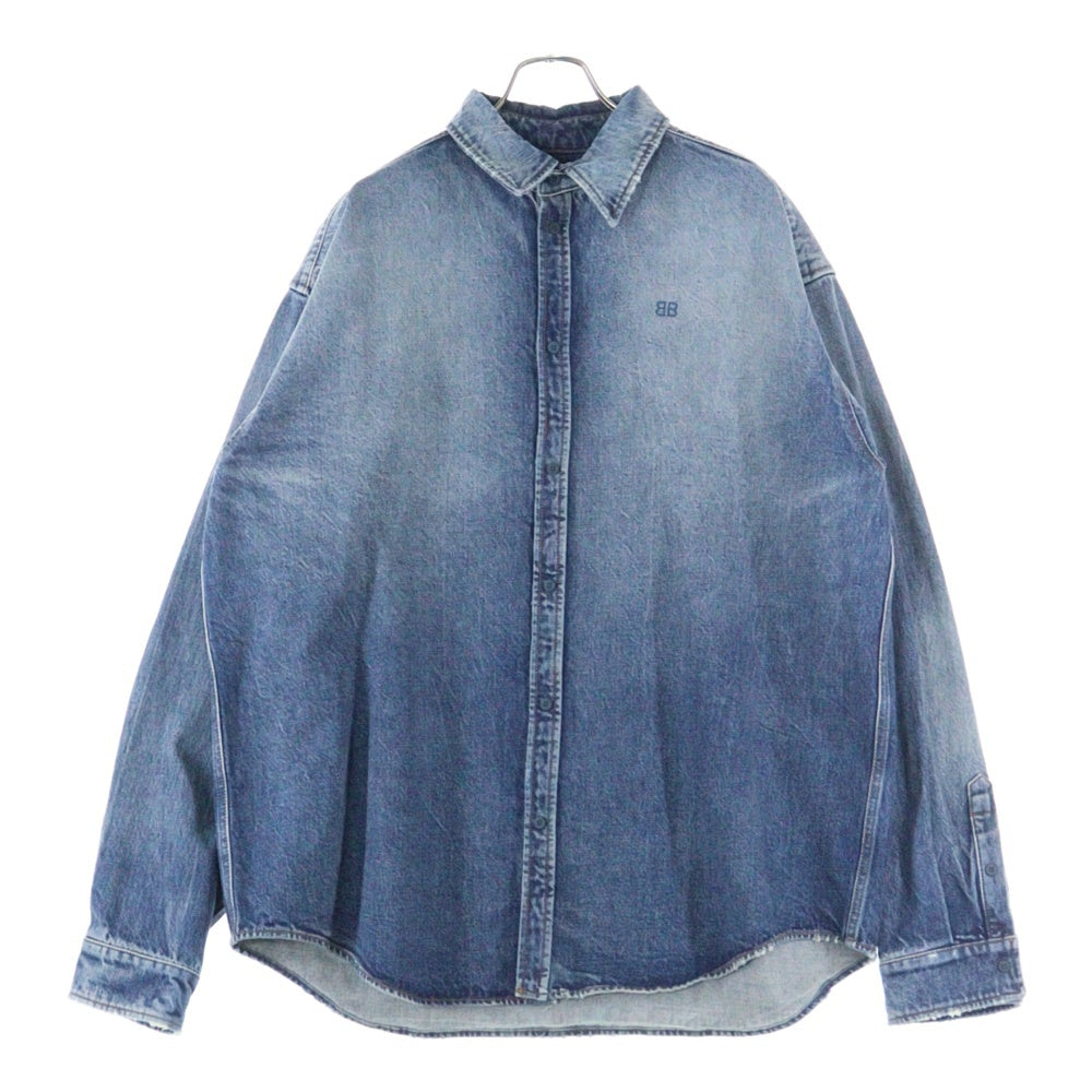 BALENCIAGA(バレンシアガ) 22SS ダメージ加工BBロゴ刺繍オーバーサイズデニム長袖シャツ ジャケット インディゴ 678363 TBP48