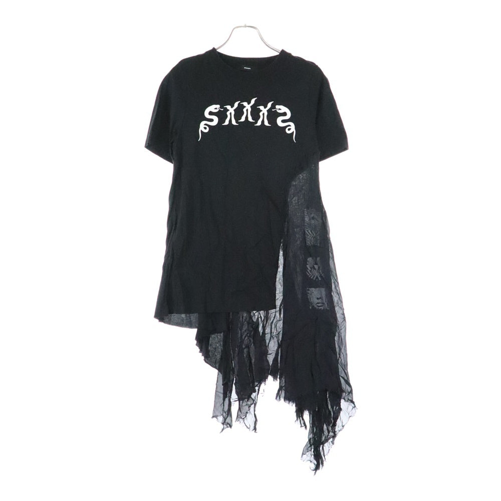DIESEL ディーゼル 再構築 フロント プリント クルーネック 半袖Tシャツ カットソー チュニック ブラック DIESEL(ディーゼル) 再構築 フロント プリント クルーネック 半袖T