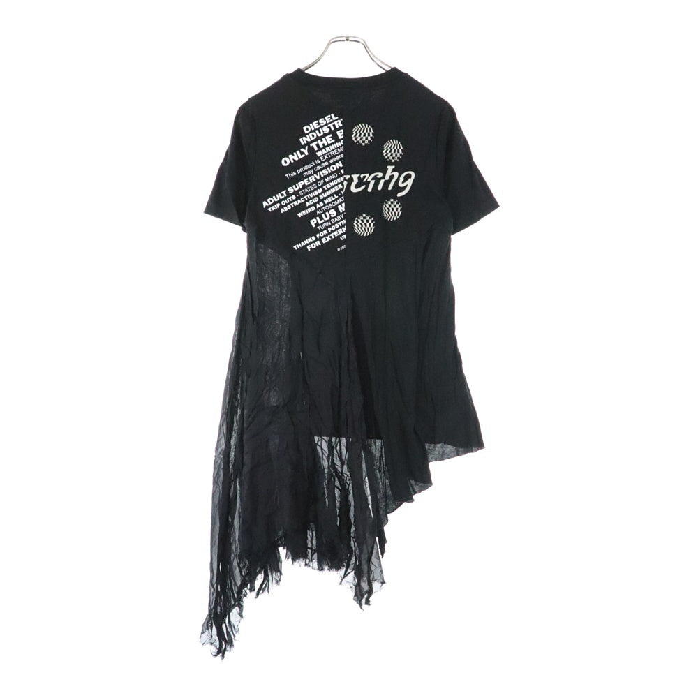 DIESEL(ディーゼル) 再構築 フロント プリント クルーネック 半袖Tシャツ カットソー チュニック ブラック