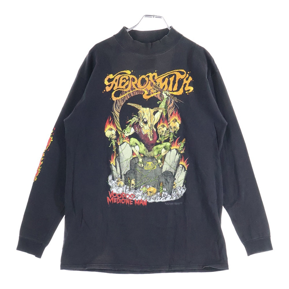 VINTAGE(ヴィンテージ) 90s AERO SMITH PUSHEAD VOODOO MEDICINE MAN TEE エアロスミス パスヘッド ヴードゥー メディスマン フロントプリント モックネック 長袖Tシャツ ブラック
