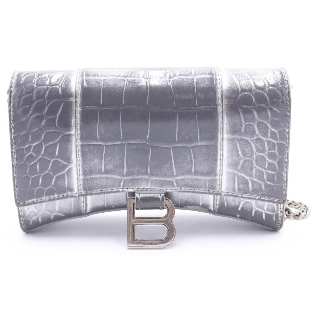 BALENCIAGA(バレンシアガ) アワーグラス クロコ型押しレザー ショルダーバッグ 656050 シルバー レディース