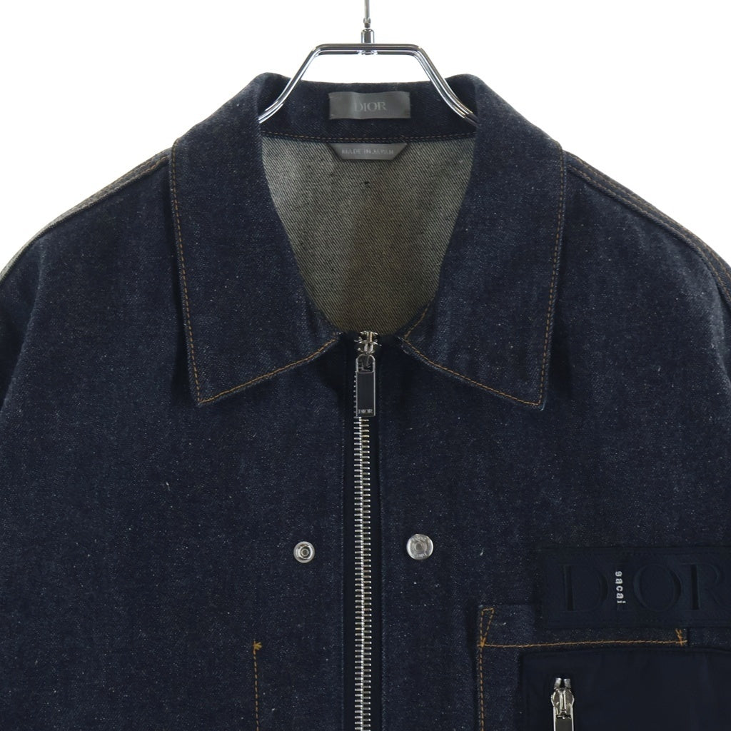 Christian Dior(クリスチャンディオール) 21AW×Over Shirt Low Cotton Denim 213D487AY507 サカイ ローコットンデニムオーバーシャツ ジップブルゾン ロゴパッチ 裾ボタン 素材切替 インディゴ
