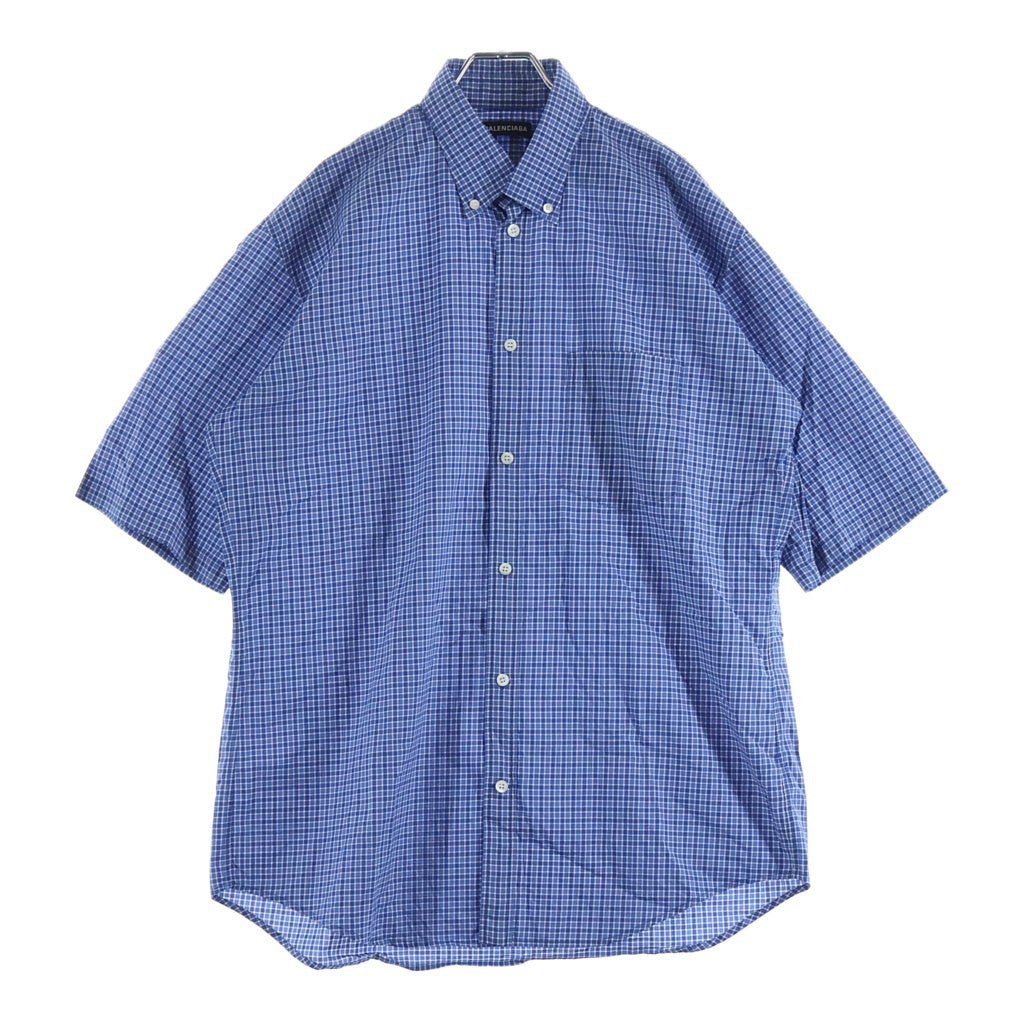 BALENCIAGA(バレンシアガ) 19SS バックロゴプリント ギンガムチェック 半袖ボタンダウンシャツ 556913 TDM13 ブルー