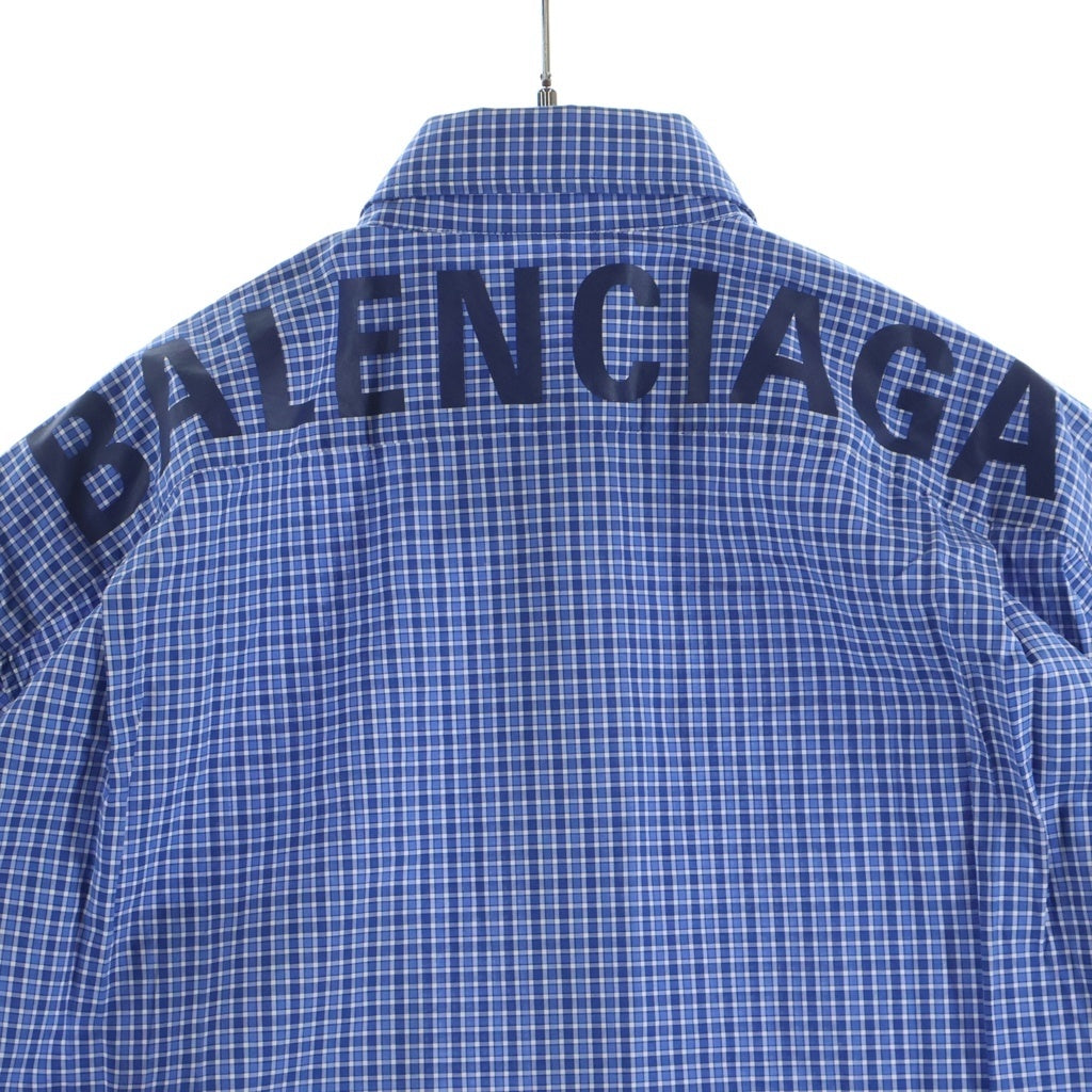 BALENCIAGA(バレンシアガ) 19SS バックロゴプリント ギンガムチェック 半袖ボタンダウンシャツ 556913 TDM13 ブルー