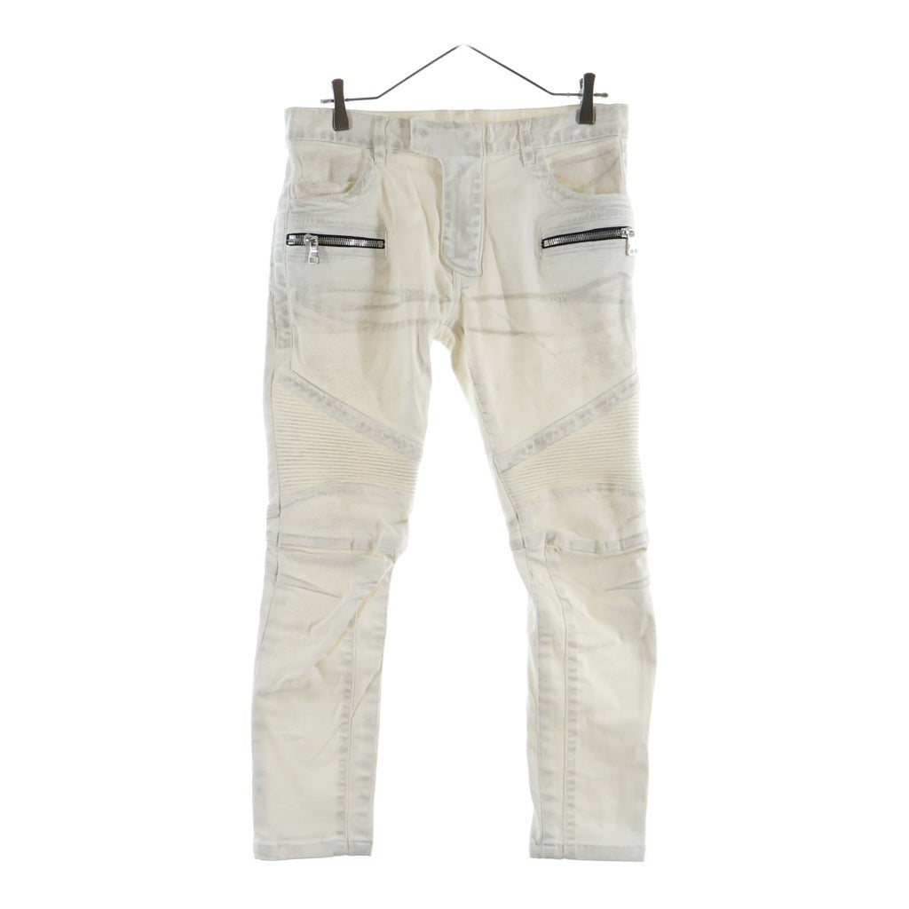 BALMAIN(バルマン) 蛇腹バイカー ダメージ加工 ストレッチ デニムパンツ S6HT572D423 ホワイト