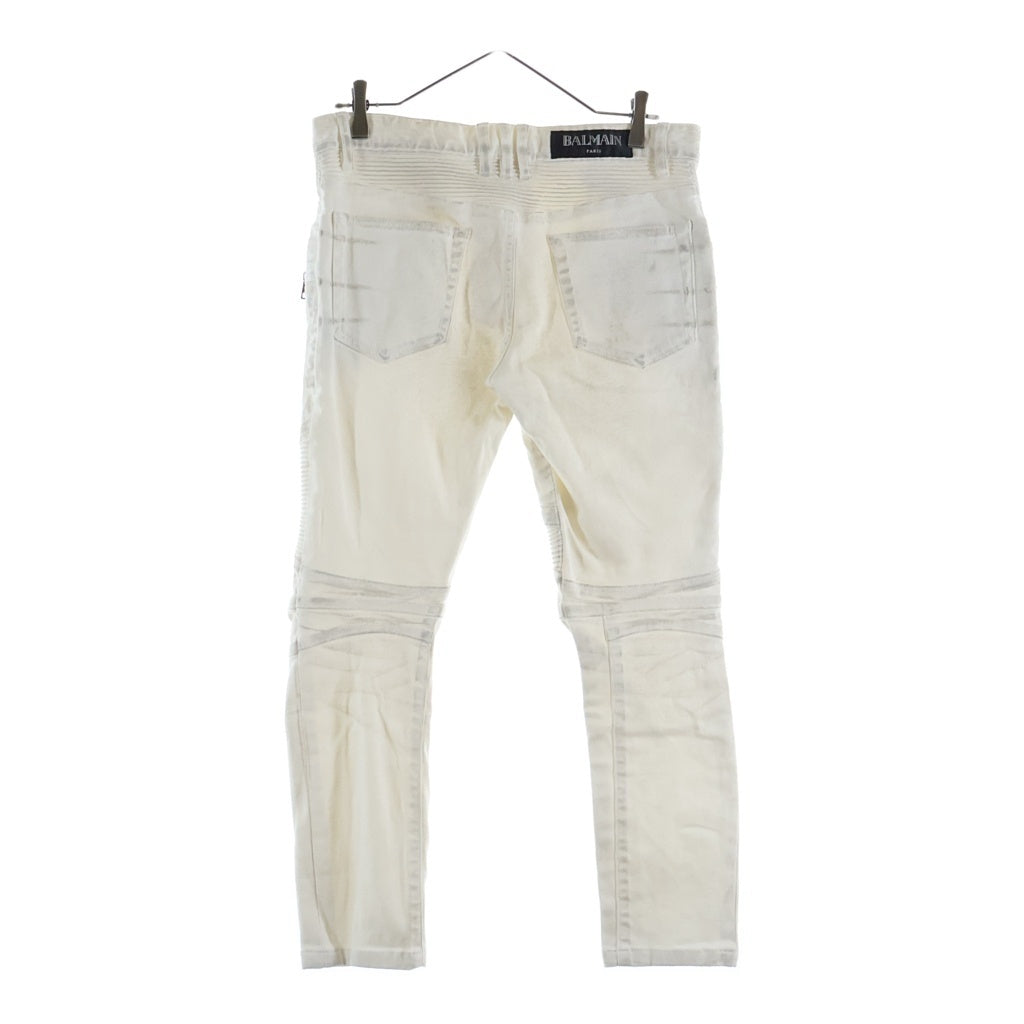 BALMAIN(バルマン) 蛇腹バイカー ダメージ加工 ストレッチ デニムパンツ S6HT572D423 ホワイト
