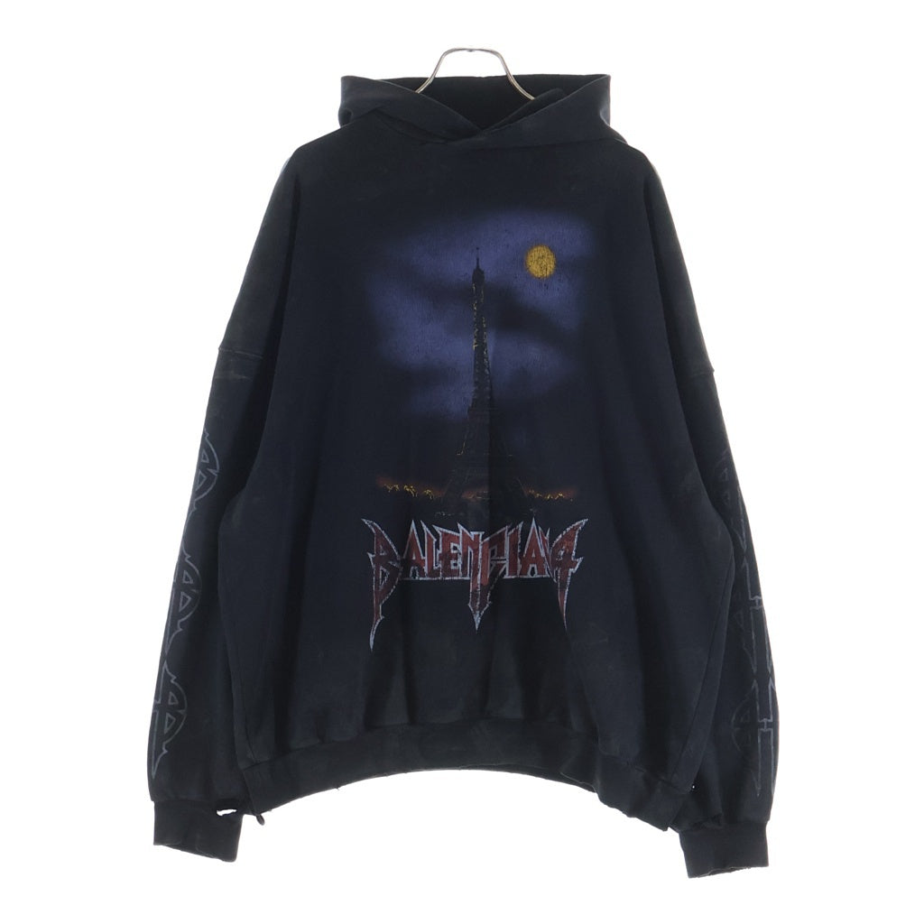 BALENCIAGA(バレンシアガ) 23AW パリス ムーン デストロイ加工 オーバーサイズ ポケット フーディープルオーバーパーカー ブラック 744462 TOVE3