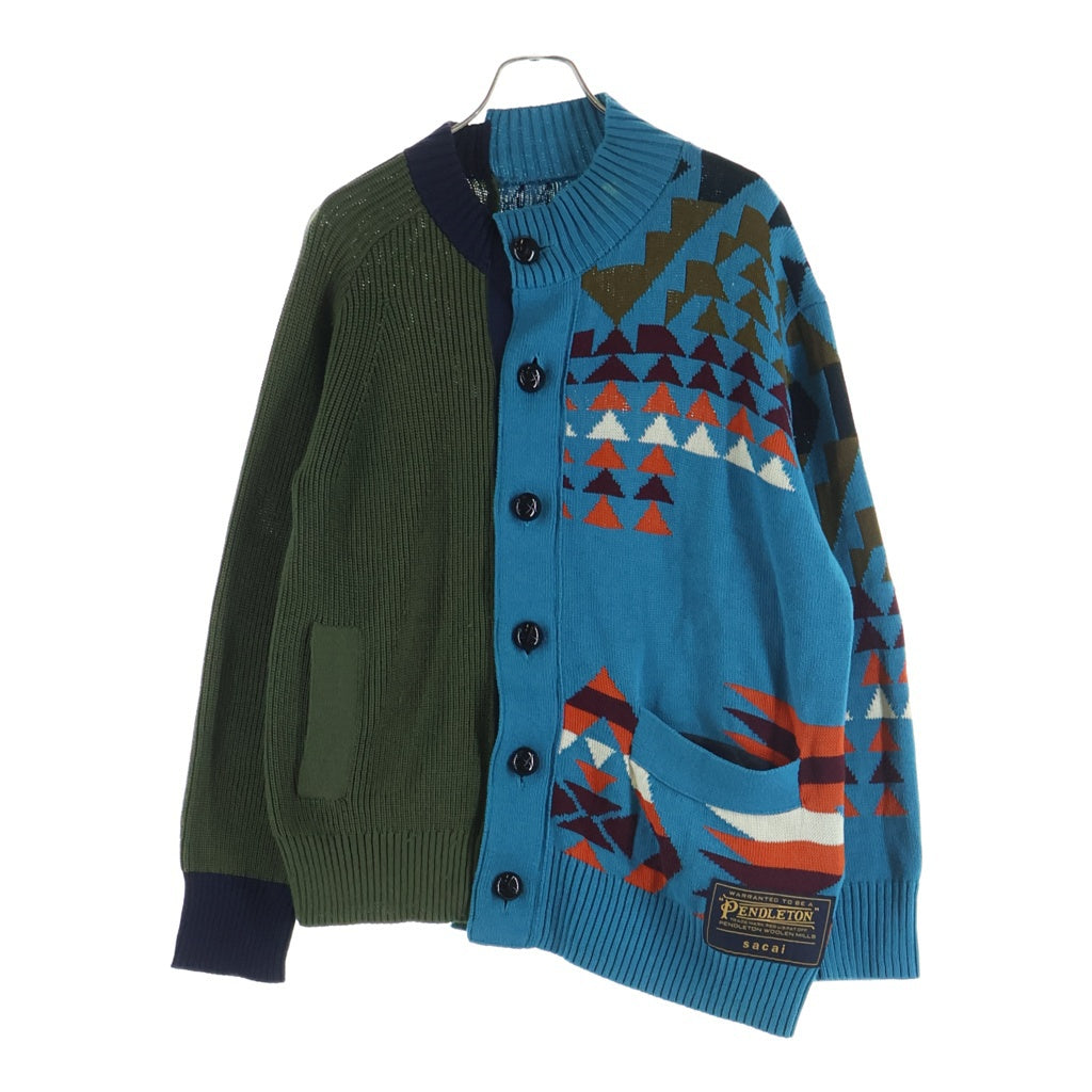 Sacai(サカイ) 19SS ×PENDLETON ペンドルトン ドッキング アシンメトリー カーディガン 19-01886M ブルー/グリーン