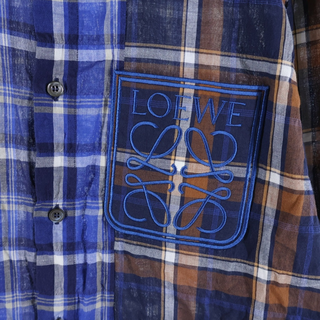 LOEWE(ロエベ) 22SS ポケットロゴ刺繍パッチワーク長袖チェックシャツ ブルー/ブラウン H526Y05W63