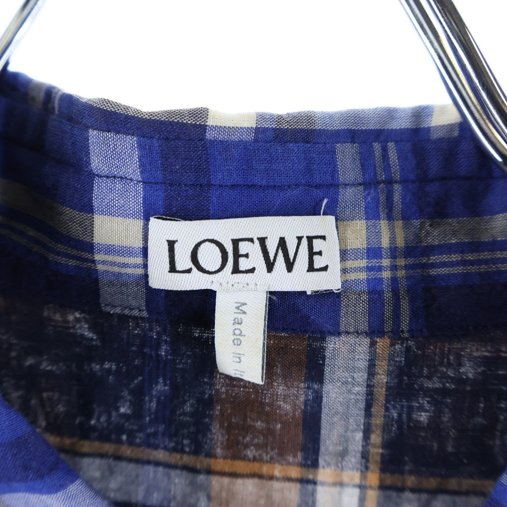 LOEWE(ロエベ) 22SS ポケットロゴ刺繍パッチワーク長袖チェックシャツ ブルー/ブラウン H526Y05W63