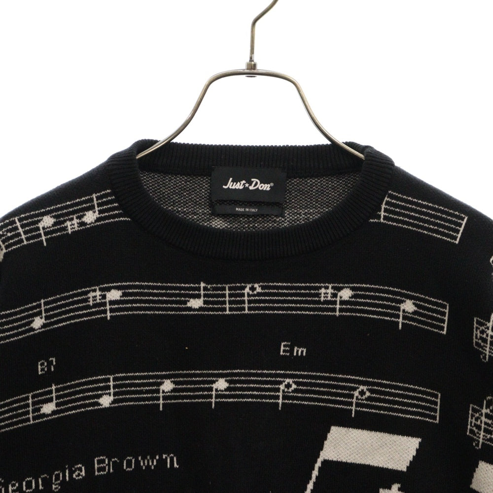 JUSTDON(ジャストドン) Musical Cashmere Knit 音符総柄 クルーネック カシミヤ長袖ニット ブラック 31JUSM601B セーター