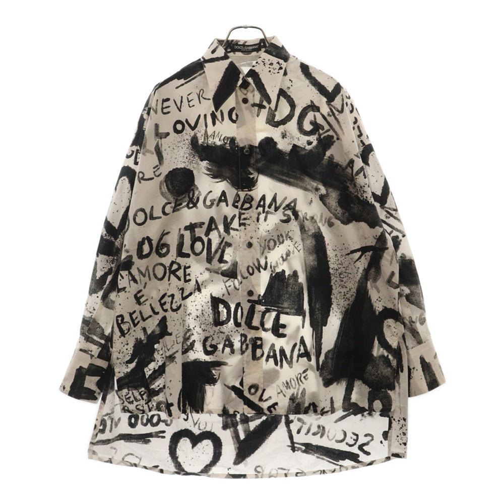 DOLCE & GABBANA(ドルチェアンドガッバーナ) グラフィックプリント ドレスカラー レイヤーデザイン 長袖シャツ F5N84T ホワイト/ブラック